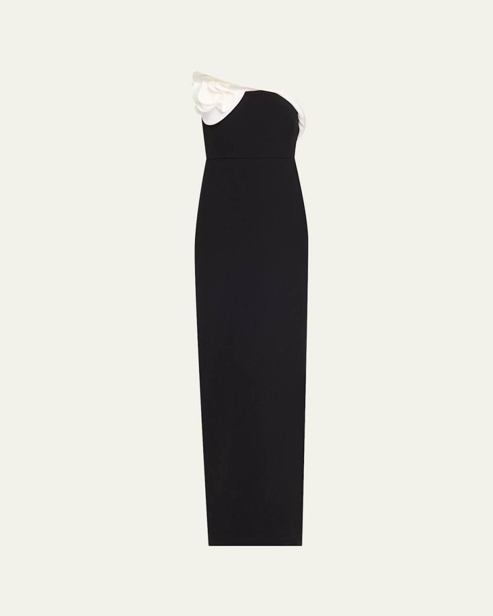 Strapless Flower Drape Column Crepe Gown